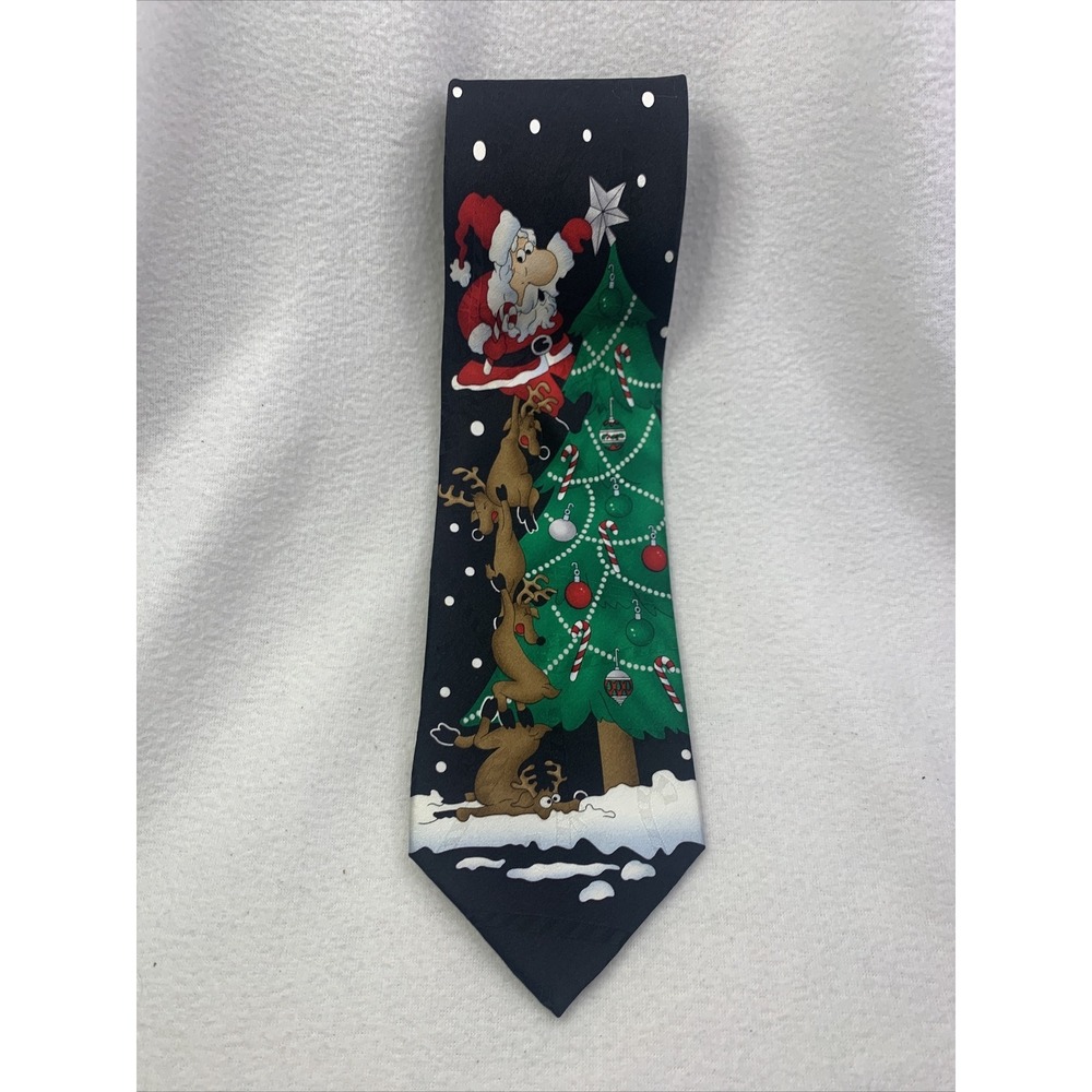 Yule Tie Greeting Christmas Hallmark Santa & Reindeer Santa Claus Silk Neck Tie